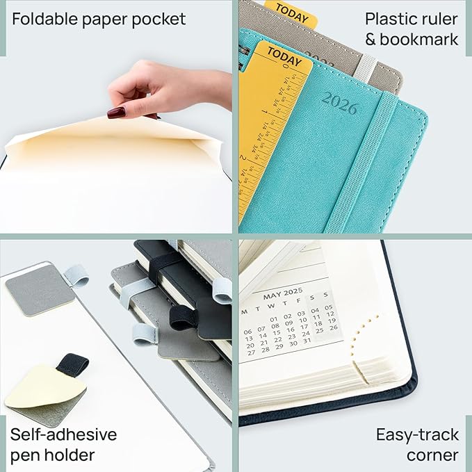 POPRUN Monthly Planner 2025-2026 Pocket Size (4" x 6.25") 18 Months Calendar (Jul 2025 - Dec 2026) - 4 Pages per Month with Monthly Expense & Notes, Sunday Start, Leather Cover - Blue Green