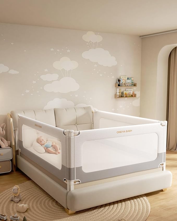 Baby Bed Rail Guard for Toddlers, Reinforced 60in Toddler Bed Rails for Queen Bed with Height Adjustable, Extral Tall Child Safety Side Railing Guards/Bedrail for Kids,White/Grey, 1 Side 54" Lx28 H