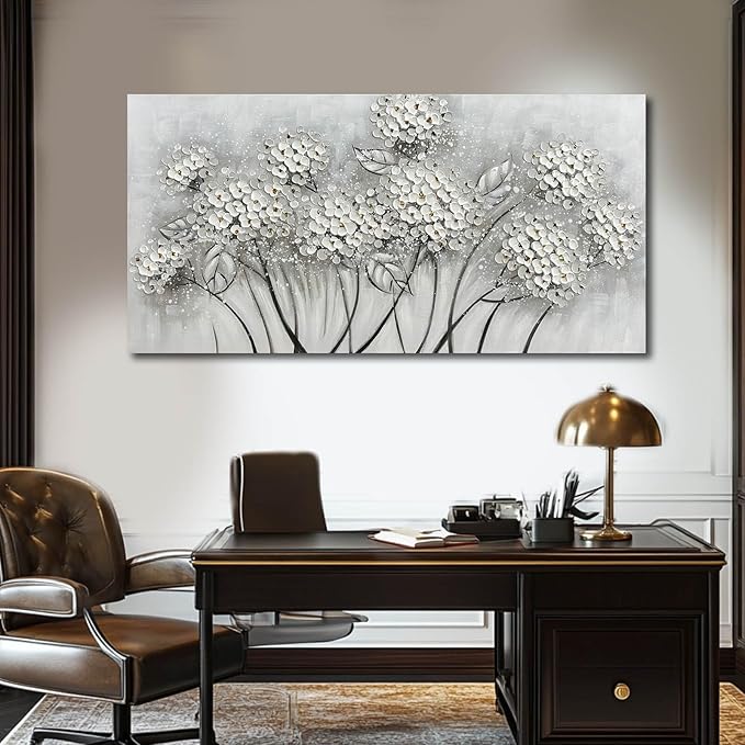 White Flower Wall Art- Canvas Print Art- Botanical Pictures for Bedroom - Hand Painted Wall Decor - Floral Painting Home Decorations with Framed 20x40 Inch