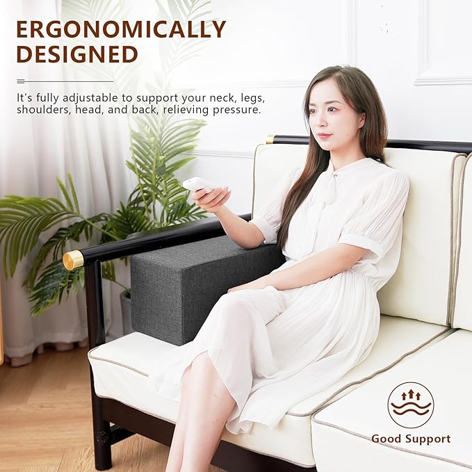 2 Pack Couch Arm Rest Pillow, 8''x8''x20'' Linen Cover, High Density Foam Armrest Cushion, Removable & Washable Elbow Support for Sofa, Bed, and Armchair (Dark Grey)