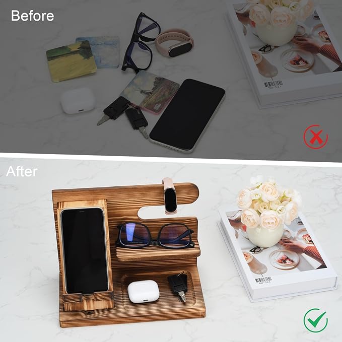 Wood Phone Docking Station,Bedside Table Organizer,Nightstand Organizer,Charging Station Organizer,Birthday Gifts for Men (Wood)