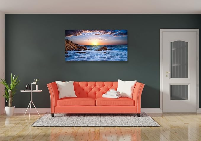 Muolunna BK05850 Wall Art Decor Canvas Print Picture Sunset Blue Ocean 1 Panel Sea Waves Scenery Painting Artwork for Office Wall Decor Home Decoration Stretched and Framed Ready to Hang 20x40inch