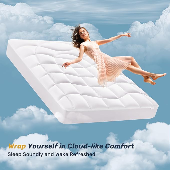 Unikome Full Mattress Pad Waterproof, Eco-Friendly Ergonomic Quilted Fitted Full Mattress Topper for Guest Room, Apartments, Noiseless and Machine Washable (White, 54x75)