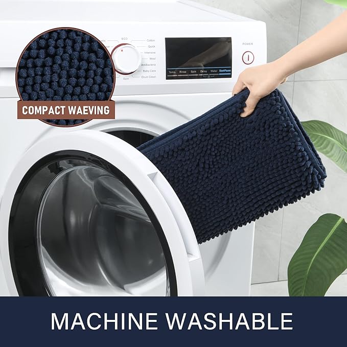 LOCHAS Luxury Bathroom Rug Shaggy Bath Mat 24 x 17 Inch, Washable Non Slip Bath Rugs for Bathroom Shower, Soft Plush Chenille Absorbent Carpets Mats, Navy
