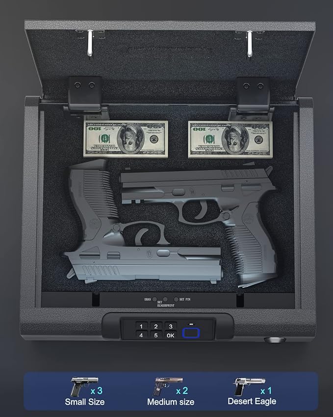 Gun Safe,Biometric Gun Safe for Pistols 3-Ways unlock Fingerprint Digital PIN Key Unlock with Sound, Lock box for Cloakroom living room Bedroom Nightstand and Car BILLCONCH