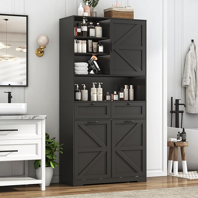 78" Tall Tilt-Out Double Doors Laundry Cabinet Hamper w Hidden Laundry Hamper,Large Pull Out Laundry Room Storage Cabinets,Kitchen Double Tilt Out Trash Cabinet,13X2 Gallon Bathroom Organizers(Black)