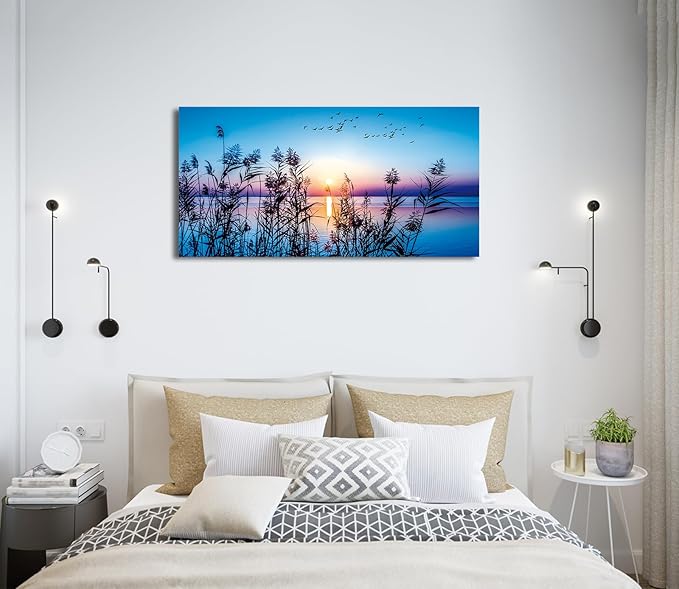 arteWOODS Sunset Lake Canvas Wall Art - Nature Pictures for Home Decor Reed Birds Sunlight Canvas Painting Blue Sky Lake Scene Print Artwork for Living Room Bedroom Office Wall Decoration 20" x 40"