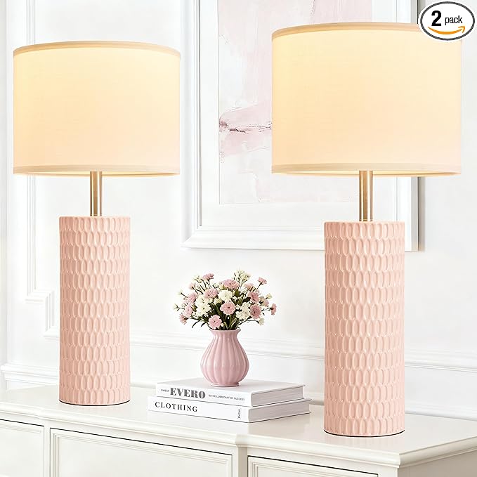 26.5" Ceramic Table Lamp, Table Lamp for Living Room, Pink Lamp for Bedroom, Night Stand Lamps, Modern Bedside Lamp Set of 2, End Table Lamps, Pink