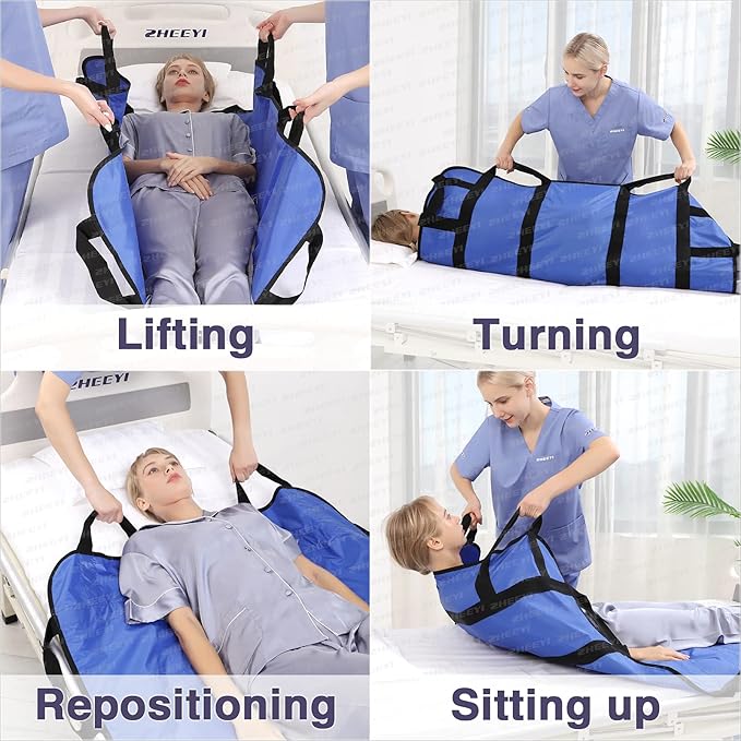 Positioning Bed Pad with Reinforced Handles 43" x 36" Patient Transfer Sheet Aid Assistant for Body Lifting, Turning, Repositioning, for Elderly, Incontinence, Caregiver, Blue