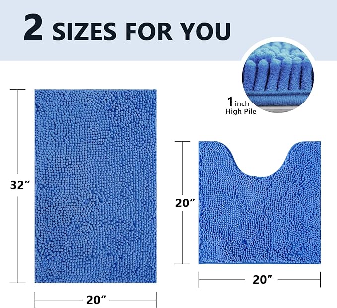 BOANKODU Bathroom Rug Set, 2 Piece U Shape Bath Mat - Absorbent Chenille, Non-Slip, Machine Washable - 32x20 + 20x20 Inch (Snow Cyan)