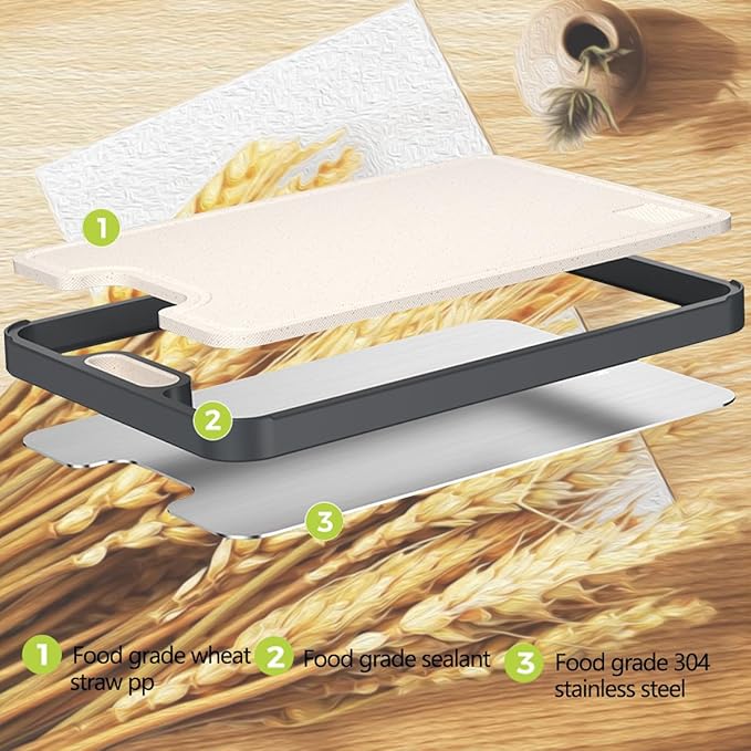 Stainless Steel Cutting Boards for Kitchen,Non Toxic Cutting Board Double sided, 2-in-1 Wheat Straw PP Kitchen Chopping Board for Meat and Fruit. Non-Slip,Easy to Clean,Dishwasher Safe (16x11 In)