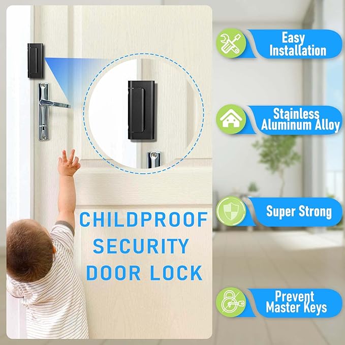 3Pack Home Security Door Reinforcement Lock, Childproof Safety Door Lock Latch Inside Stopper, Add High Security to Prevent Home Unauthorized Entry, Aluminum Construction Finish Black