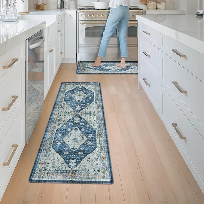 Collive Boho Kitchen Rugs Set of 2 Non Skid Kitchen Mats for Floor Cushioned Anti Fatigue Kitchen Floor Mats Waterproof Comfort Heavy Duty Foam Mats for Standing Desk Sink Laundry, 17"x30"+17"x59"