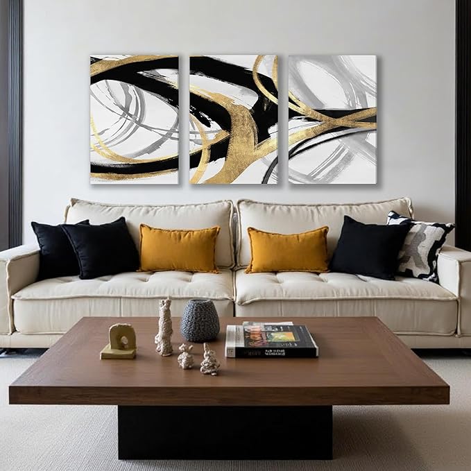 DUWQU 3 Piece Large Black and Gold Abstract Canvas Wall Art, Modern Black Gold and White Wall Decor, Spiral Brushstrokes Line Art Prints for Living Room Bedroom Office Home Decorations 20×30x3 In