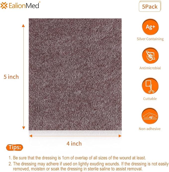 Silver Calcium Alginate Wound Dressing Pad, 4’’x5’’ Patch, High Absorbency Non-Stick Ag Gauze for Pressure Ulcer,Bed Sore,Leg Sore,Diabetic Foot Ulcer, 5 Packs