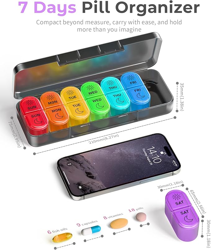 Pill Organizer, 𝐏𝐢𝐥𝐥 𝐁𝐨𝐱 𝟕 𝐃𝐚𝐲, AM & PM Medicine Organizer 7 Days, Weekly Pill Organinzer 2 Times a Day, Pill Case for Travel, Vitamins, Fish Oils, Supplements