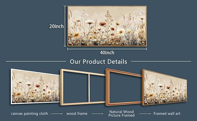 PHAOHUAXM Canvas Wall Art For Living Room Wall Decor For Office Bedroom Mural Abstract Ink-Wash Flower Artworks Restaurant Kitchen Decorations Printed Artworks Modern Home Decor 20"X40" Wood Framed