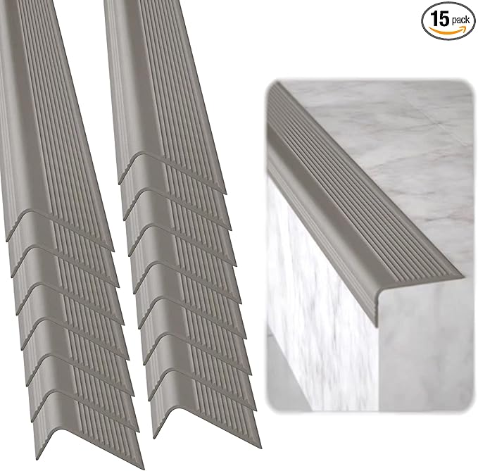 Rubber Bond Stair Edge Protector (Pack of 15) 36x2x1 inch Anti-Slip Stair Corner Trim Rubber Strips - Waterproof Self-Adhesive Staircases for Outdoor & Indoor Uses | Protect Kids & Pets - Grey