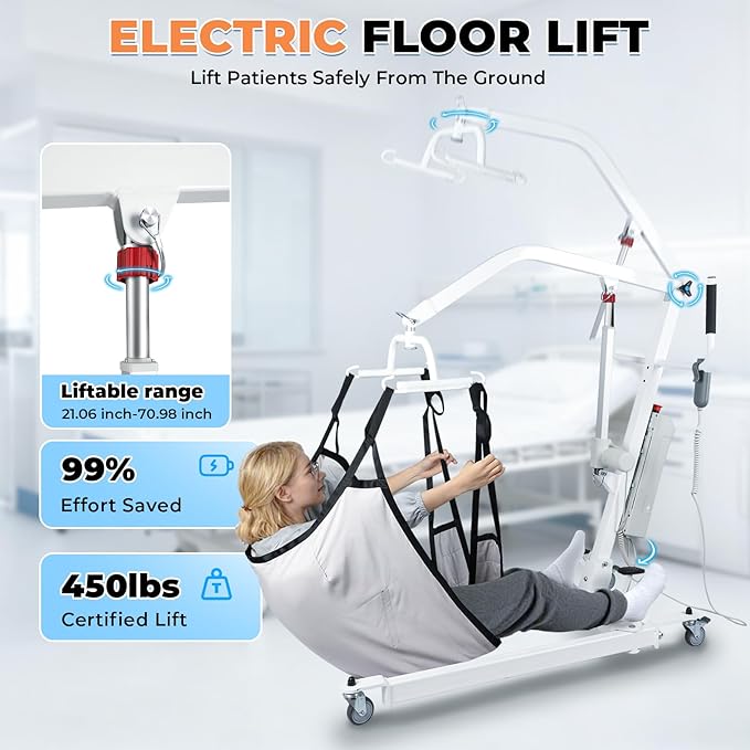 Patient Lift Transfer Chair, 5 in 1 Patient Lift Chair with 180°Split Seat, Height Adjustable Patient Transfer Chair with 4 Casters for Home Seniors Elderly, Load 450Lbs (Electric/Hanger, Silver)