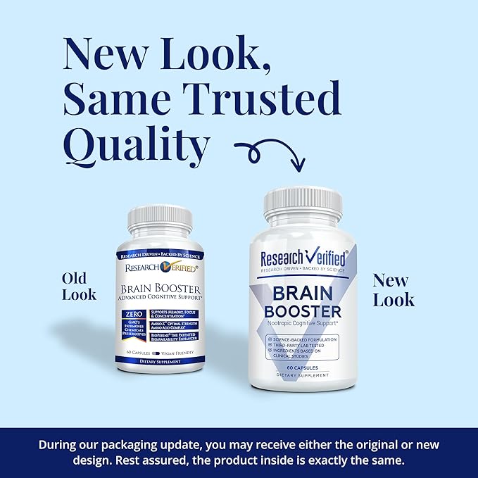 Research Verified Brain Booster - Brain Supplement for Memory and Focus, Nootropic Supplement for Cognitive Support - 60 Vegan Capsules - 1 Month Supply