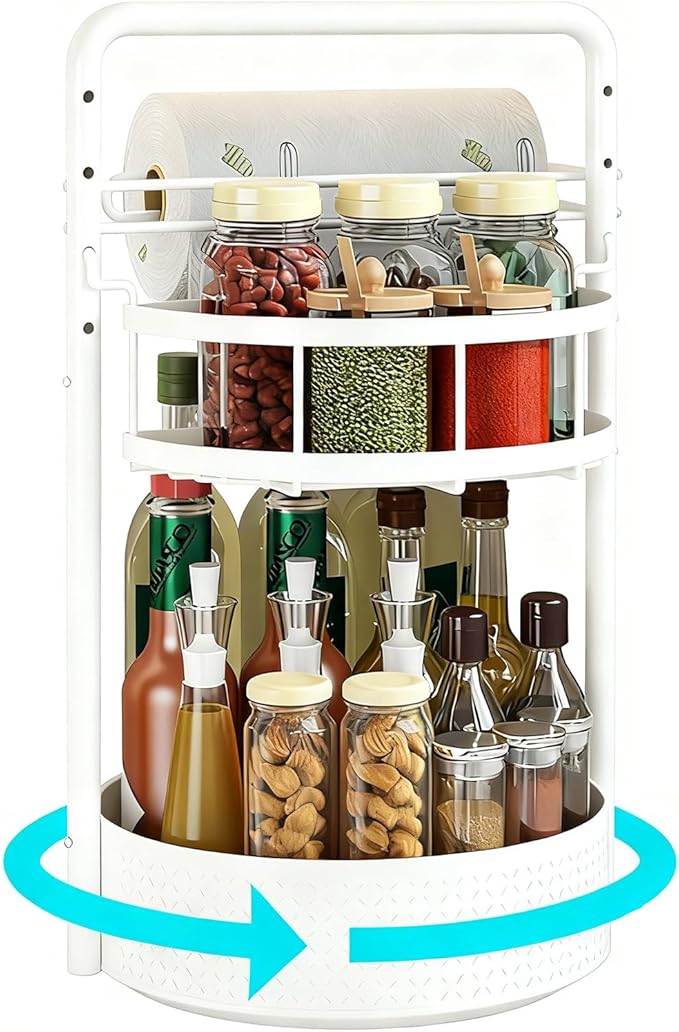 JEESA Lazy Susan Organizer, 360° Rotating Metal Spice Rack with Paper Towel Holder, Turntable Spice Holder for Condiments, Bottles, Jars, Suit for Kitchen Countertop & Cabinet, White