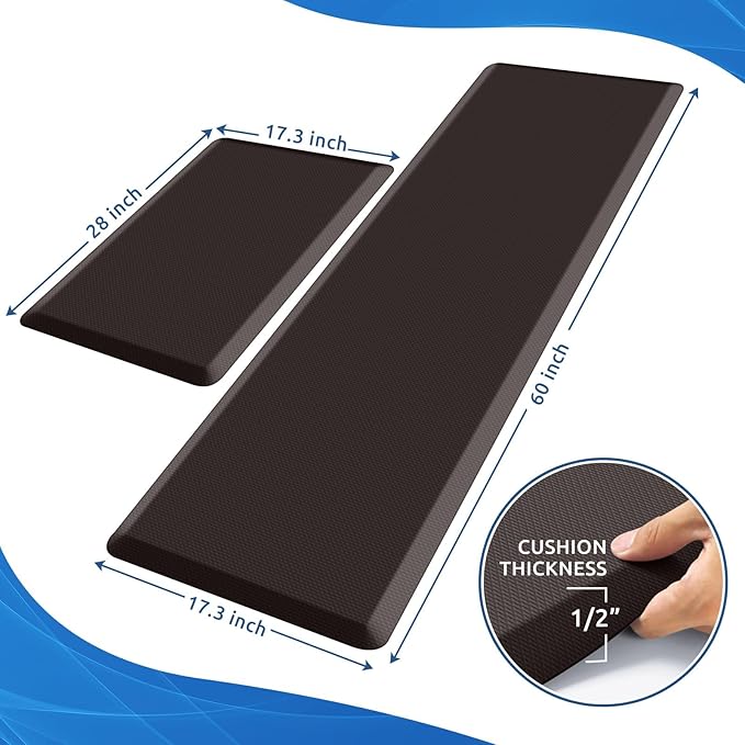 KitchenClouds 2PCS Kitchen Rugs Cushioned Anti-Fatigue Non-Slip Waterproof Kitchen Mat Comfort Foam Standing Mat for Floor Office Sink Laundry (Chocolate)