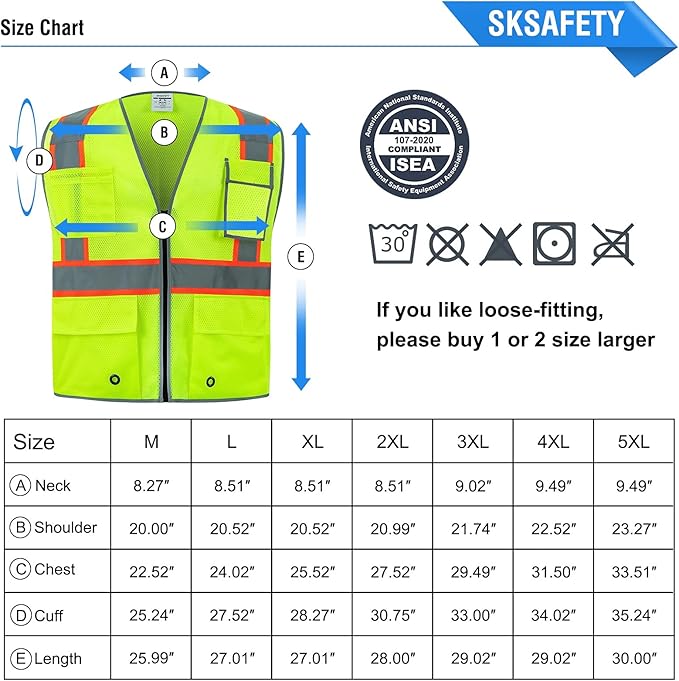 SKSAFETY 10 Pockets Safety Vest, Class 2 High Visibility Security with Zipper Double-sided mesh, Hi Vis Vest with Reflective Strips, ANSI/ISEA Standard, Construction Work Vest （Lime, M