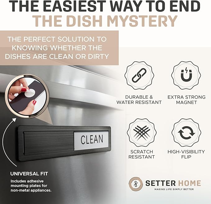 Clean dirty magnet for dishwasher, Premium Stainless Steel Black Clean Dirty Sign Indicator - Grade 304 Clean Dirty Magnet for Dishwasher, Black & White, Easy to Read with Extra Adhesive Tape - Kitchen Organizer