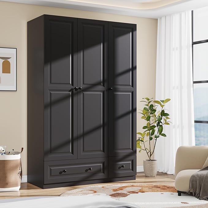 Armoire Wardrobe Closet with Drawers: 74" Black Tall Wooden Wardrobe Closet for Hanging Clothes, Large Bedroom Armoires with 2 Drawers, 3 Door Armoire Storage Cabinet (Black, 47")