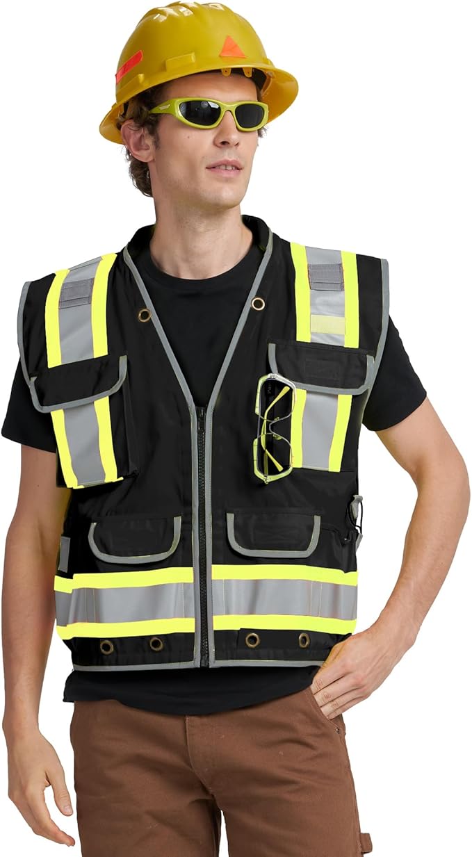 AYKRM Heavy Woven cotton High Vis Reflective work construction safety vest for men Class 2 with ipad Cargo Pockets