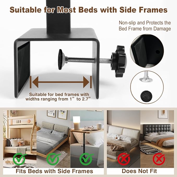 Bedside Shelf for Bed, Height-Adjustable Clip On Bedside Table, Overbed Table for Bed Frames and Sofas Widths 1" - 2.7", Nightstand Organizer Tray for Apartments, Bedrooms, Dorm Essentials