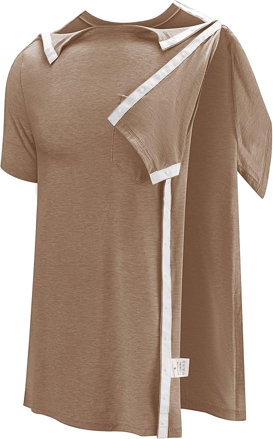 Poriff Men's Post Shoulder Surgery Recovery Shirts Full Tear Away Short Sleeve Snap Chemo Port Access Shirt