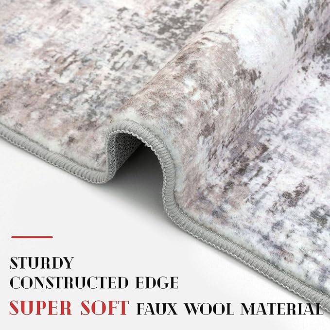 Modern Abstract 4x6 Living Room Washable Rug Non-Slip Soft Bedroom Area Rug Beige Grey Neutral Thin Print Faux Wool Floor Carpet Throw Rugs for Nursery Playroom Dining Room Indoor Office