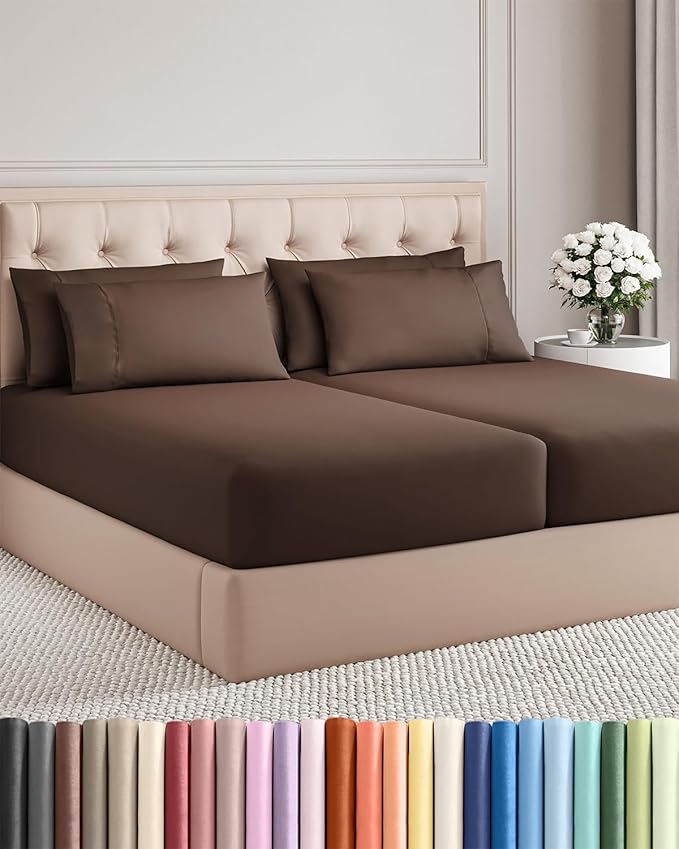 Split King 7 Piece Sheet Set - Cooling & Breathable Bed Sheets - Hotel Luxury Bed Sheets for Women, Men, Kids & Teens - Deep Pocket Bedding w/Easy Fit - Soft & Wrinkle Free - Split King Brown Sheets