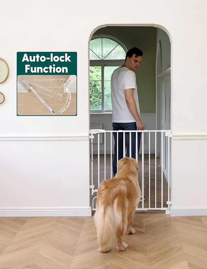 Babelio No Bottom Bar & Easy to Remove Baby Gate, 35.5-55" Extra Wide Hardware Mounted (Drill Needed)| Wide Walk-Thru| Auto-Close Safety Dog/Pet Gate for Stairs & Doorways (White, 35.5-55" W, 30" H)