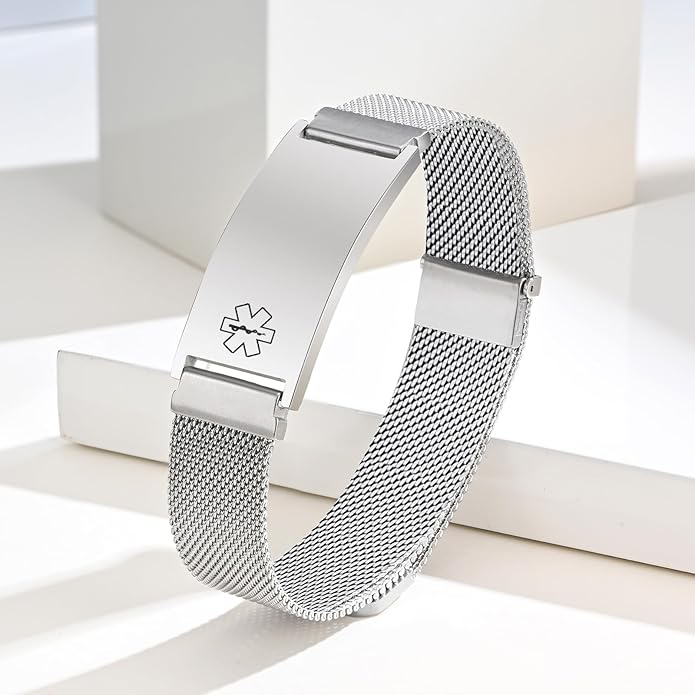 VNOX Medical Alert Id Bracelet for Men Women, Custom Engraving Adjustable Stainless Steel Customizable Mesh Emergency Survival Medic Bracelets Wristband Loop Band with Replacement Tag
