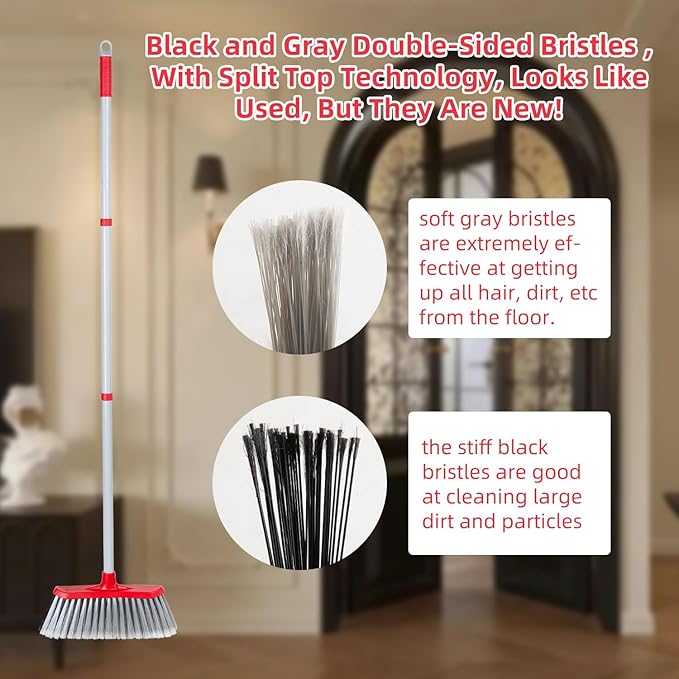 SDSM Indoor Outdoor Broom, Unique Double-Sided Bristles Long Handle Heavy Duty Broom Perfect for Home and Courtyard Garage Lobby Mall Market Floor Home Kitchen Room Office Pet Hair Rubbish 51 Inch