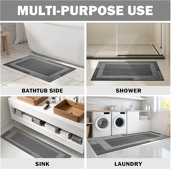 Extra Long Non Slip Bathroom Runner Bath Mat, Rubber Backing Ultra Thin Bath Rug Fit Under Door Quick Dry Super Absorbent Washable Shower Mat for Bathroom Floor Bathtub Sink, Dark Grey 24"x70"