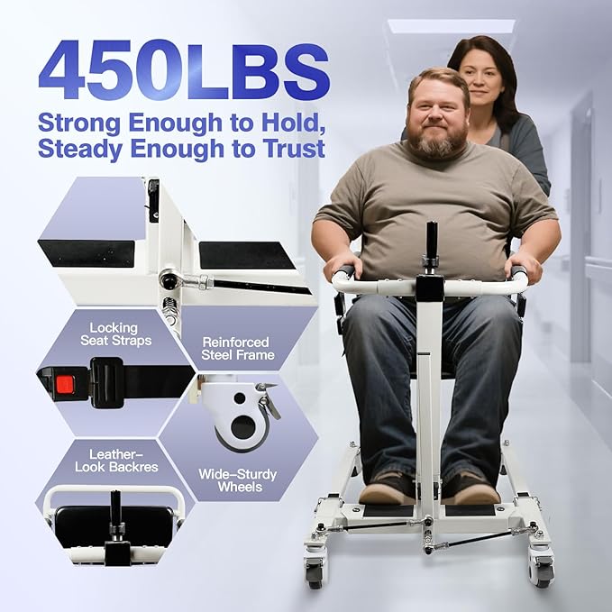 Drexo Patient Lift Transfer Chair, 5 in 1 Patient Lift Chair with 180°Split Seat, Height Adjustable Patient Transfer Chair with 4 Casters for Home Seniors Elderly, Load 450Lbs (Folding, Silver)
