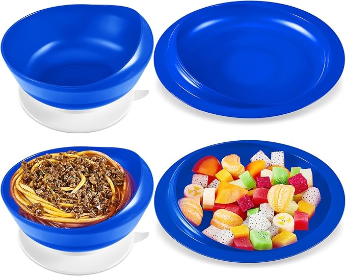 Hushee Adaptive Spill Proof Scoop Bowl and Plate Set with Suction Base Non Skid Self Feed Dinnerware for Elderly Disabled Handicapped from Parkinsons, Dementia, Stroke, Tremor(2 Sets,Blue)