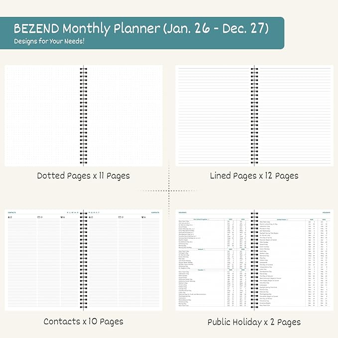 BEZEND Monthly Planner 2026-2027 (Spiral-8.5" x 11") 2 Year Calendar Book with Note Pages - Jan 26 to Dec 27-120 GSM Paper, Inner Pockets, Laminated Tabs, Vegan Leather Softcover - Lavender