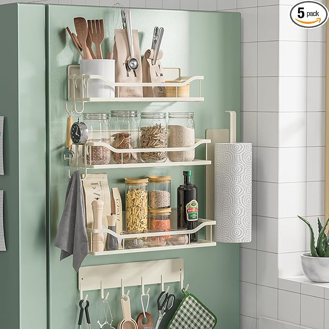 5 Pack Multifunctional Magnetic Shelves for Refrigerator Spice Rack & Washing Machine Organize, Include Paper Towel Holder, Kitchen Utensil Hanger and Hooks, Strong Magnet for Secure Hold (Cream)