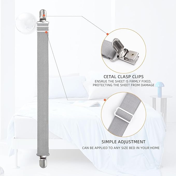 4Pcs Adjustable Bed Sheet Straps Clips, Elastic Mattress Sheet Fasteners Holder and Suspenders, Grippers to Hold Sheet, Mattress, Sofa, Couch, Table Cloth, Recliner Ironing Board Cover and More