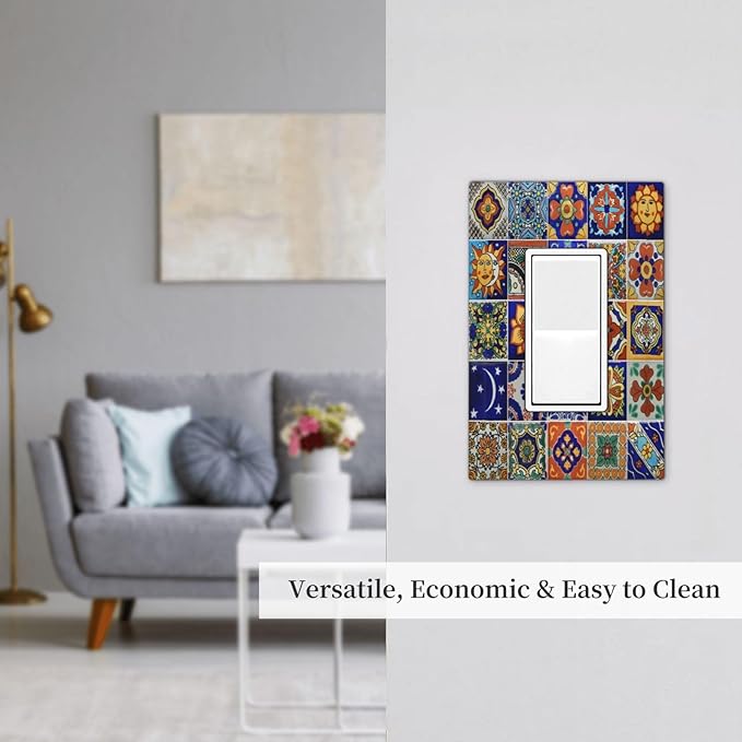Decorative Outlet Covers Mid Century Talavera Shaped Tiles 1 Gang Single Rocker Light Switch Cover Plate Wall Plates GFCI Faceplate for Bedroom Bathroom Decor