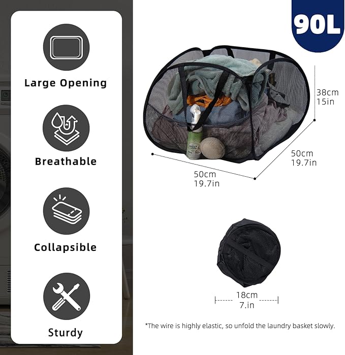 Collapsible Laundry Basket 90L, Foldable Mesh Pop-up Laundry Hamper with Handles, Dirty Clothes Hamper for Laundry with Side Storage Pocket (Black)