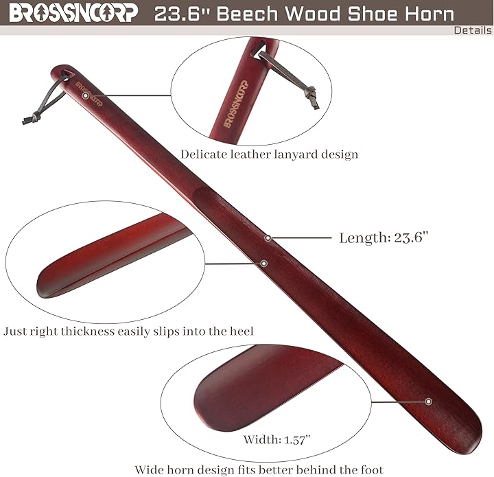 Wooden Shoe Horn Long Handle For Seniors 23.6" Easy Wear Helper Shoehorns Women Kids Baby Elderly Hanging Rings