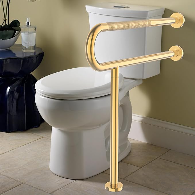 Toilet Grab Bar 31.3 Inch with Leg, YuanDe Wall Mounted Safety Bar, Brushed Gold Stainless Steel Anti-Slip Bathroom Support Rail for Elderly, Disabled, Handicap, Seniors, Injury Recovery