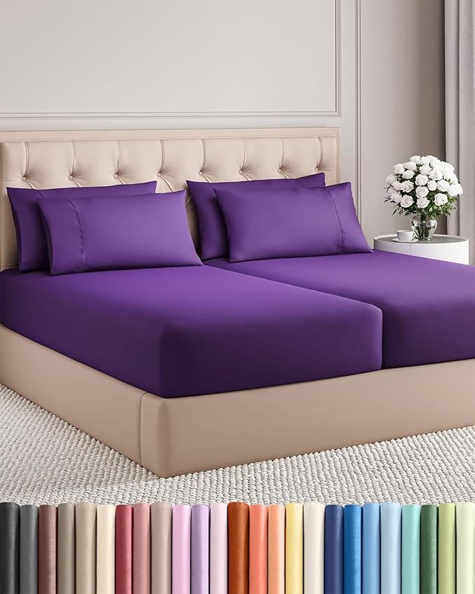 Split King 7 Piece Sheet Set - Cooling and Breathable Bed Sheets - Hotel Luxury Bed Sheets for Women, Men, Kids and Teens - Deep Pockets - Easy Fit - Soft and Wrinkle Free - Split King Purple Sheets
