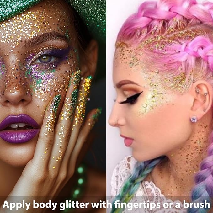 Mysense Gold Body Glitter Stick,Sparkling Face Hair Glitter,Mardi Gras Accessories,Singer Concert Festival Rave Outfit for Women,Mermaid Sequins Chunky Glitter Makeup