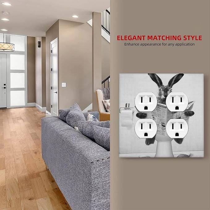 Funny Retro Cute Animals Grey Black Rabbit Outlet Covers 2-Gang Duplex Light Switch Cover Plate Decorative Gfci Wall Plate Electrical Receptacle Switchplate Plug Faceplate for Bathroom Decor